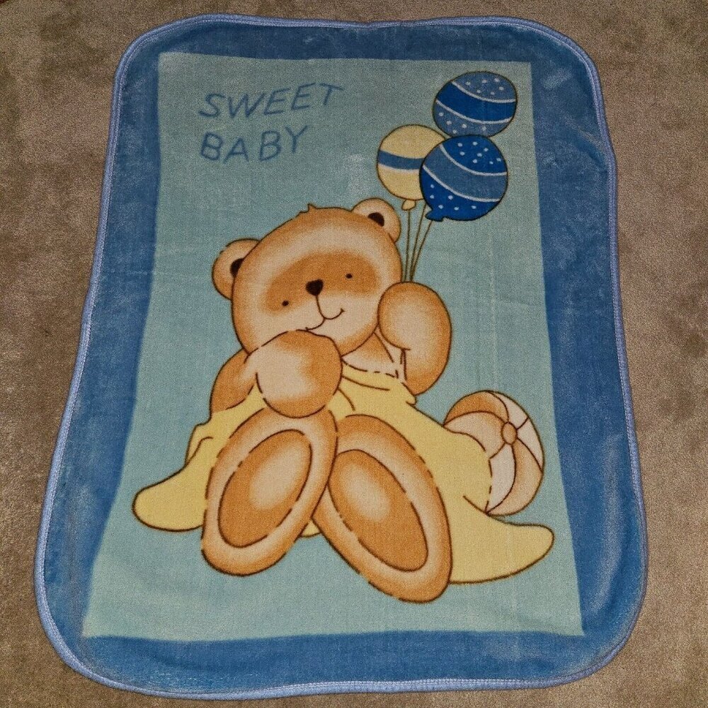 VTG Sweet Baby Blue Baby Blanket Teddy Bear Balloons Brown Yellow 39x52
